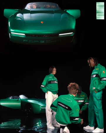 A vibrant, green Porsche sports car on display, with a group of five people dressed in matching green racing-style jackets and white pants.