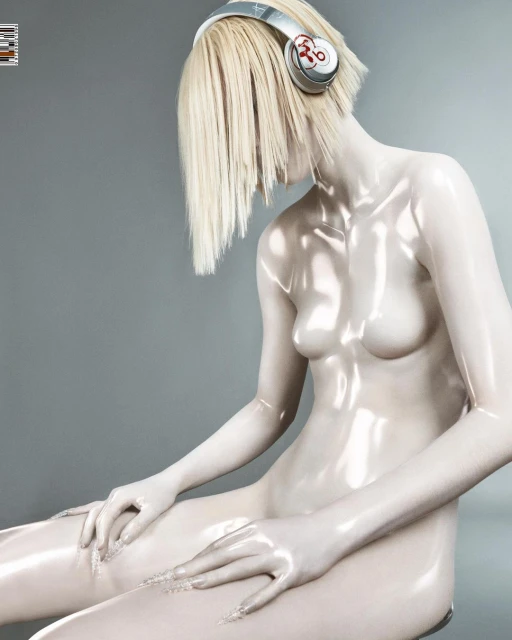 Woman with short blonde hair and white skin sits with a blank expression, wearing headphones against a plain grey backdrop in a studio shot.