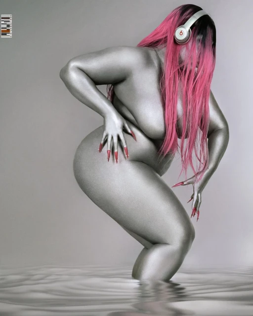 Silver painted plus-size woman with pink hair and long red nails wears headphones in a grey studio with water. Beauty shot.