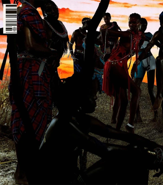 Several Masai people in traditional clothing are gathered outdoors against a colorful sunset sky in a vibrant artistic style.