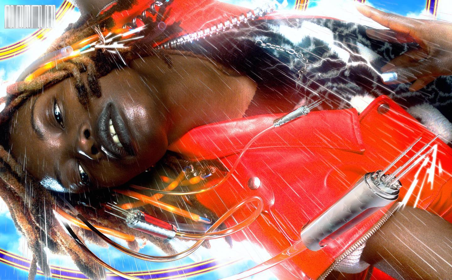 Close-up, low-angle studio shot of an African American model in a red jacket with silvery tech accessories and digital rain effects.