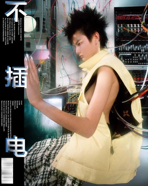 Person with spiky black hair and yellow vest, sitting amidst electronic equipment and colorful cables, distinctive fashion and style.
