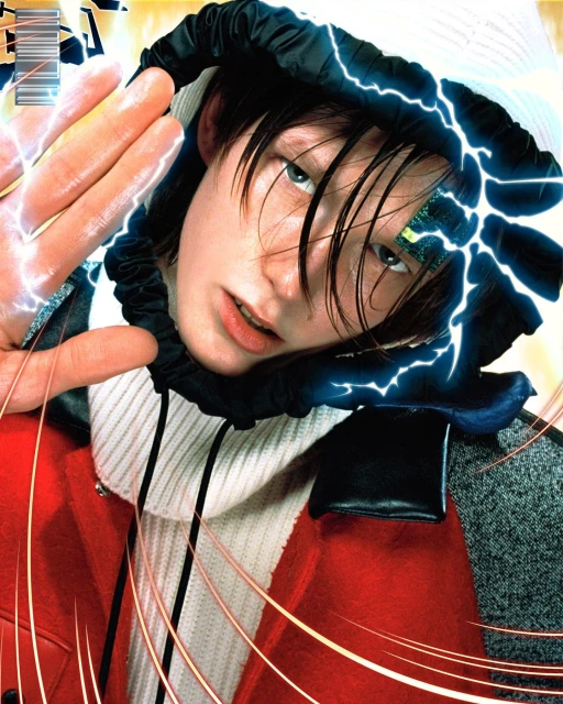 Portrait of a young adult with fair skin wearing a red coat and black hoodie, with electric blue lightning effects and a futuristic eye piece.