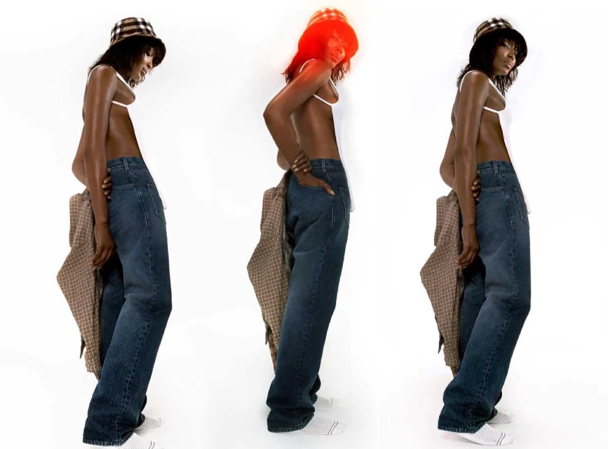 Three images of an adult woman in jeans, tank top, and patterned bucket hat; poses in a bright white studio with a jacket.