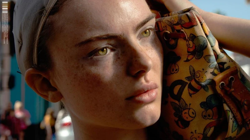 Close-up portrait of a freckled woman holding a bee-patterned canvas bag, photographed by Hugo Comte.