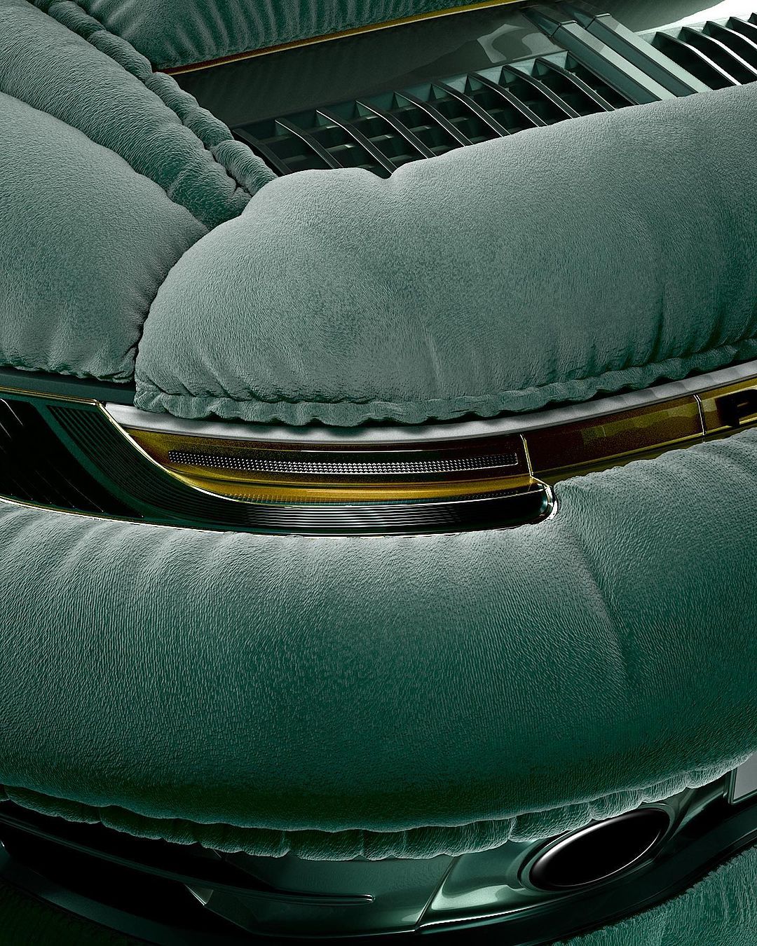 Close-up of a green luxury car partially covered with a padded material, highlighting its sleek design and protective covering.