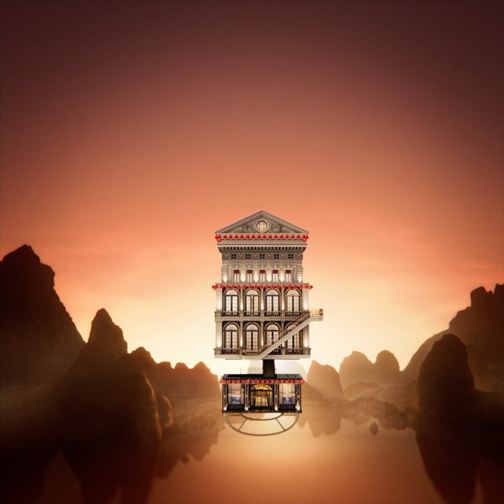 Unique building design with multiple tiers, floating in a serene landscape with mountains and a hazy orange sky at sunset.
