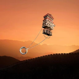 A floating multi-tiered building attached by chains to a diamond ring against a warm sunset sky and mountain backdrop.