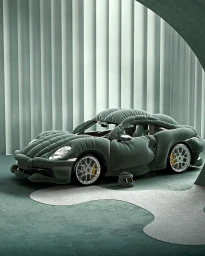 CGI sports car covered in plush tufted green fabric parked on a matching carpet with a helmet beside it