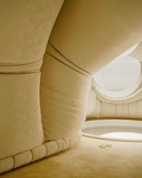CGI interior featuring soft padded cream walls, a circular porthole window, and a recessed pool by Hugo Fournier