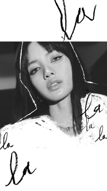 Black and white portrait of a young woman with dark hair, wearing a white sweater with handwritten text overlaid on the image.