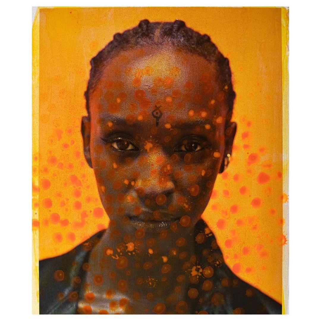 Portrait of a Black woman with an ornament on her forehead, with an orange mottled background, art style portrait painting.