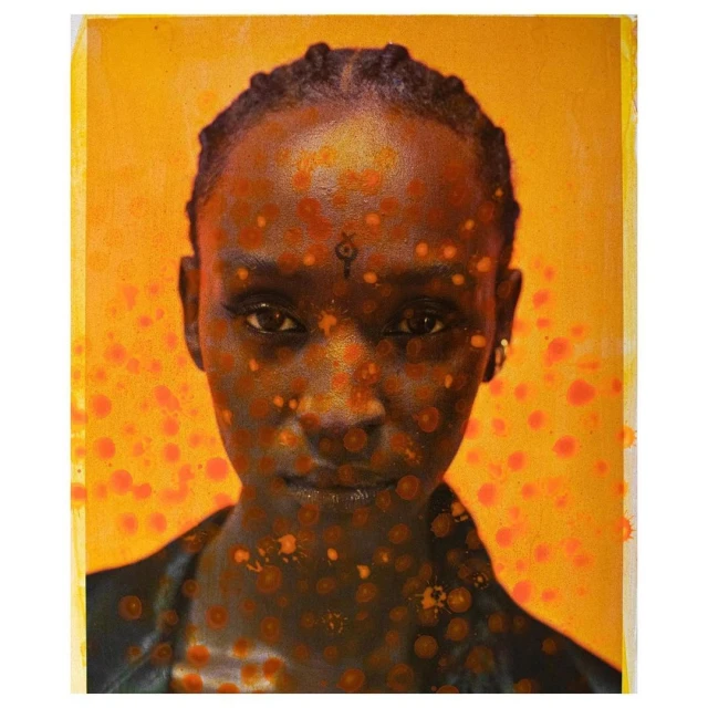 Portrait of a Black woman with an ornament on her forehead, with an orange mottled background, art style portrait painting.