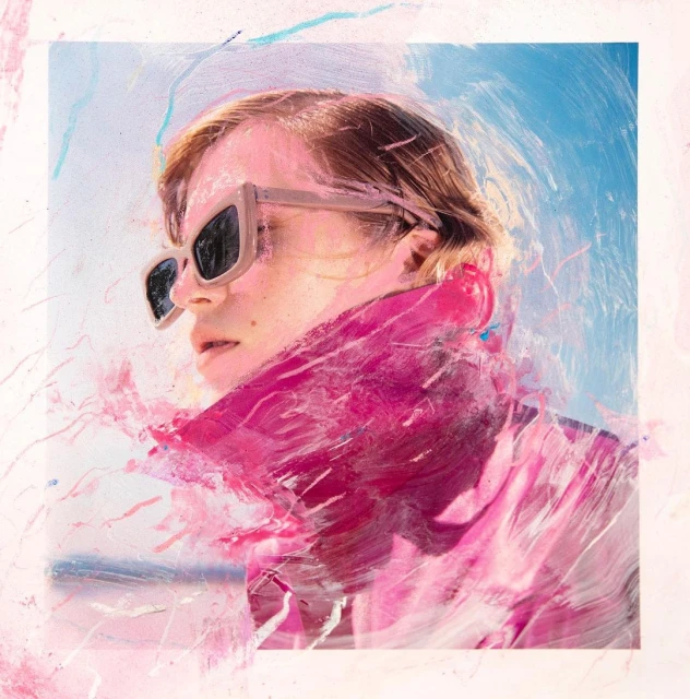 Artistic portrait of a woman with sunglasses in front of a blurred sky, created with digital painting techniques and vibrant pink hues.