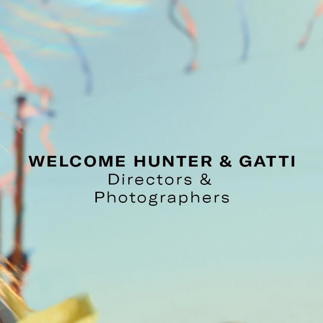 Welcome message with confetti: "WELCOME HUNTER & GATTI Directors & Photographers" against a bright sky-blue background.