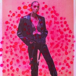 Model in dark satin blazer and trousers overlaid with vibrant pink ink splashes by Hunter & Gatti