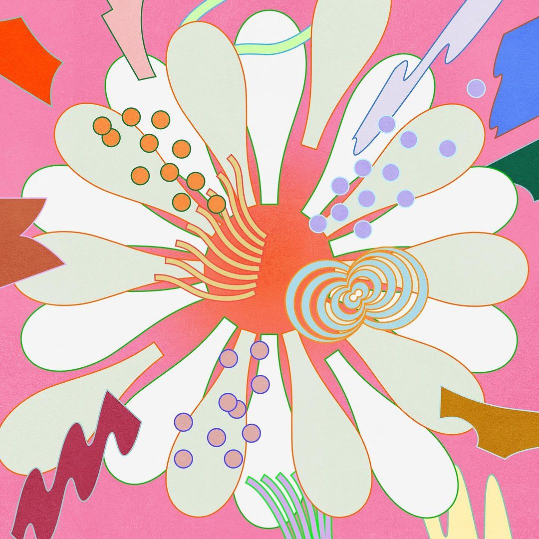 Graphic art with a large stylized flower with white petals, orange center, and pastel-colored abstract shapes scattered around it.