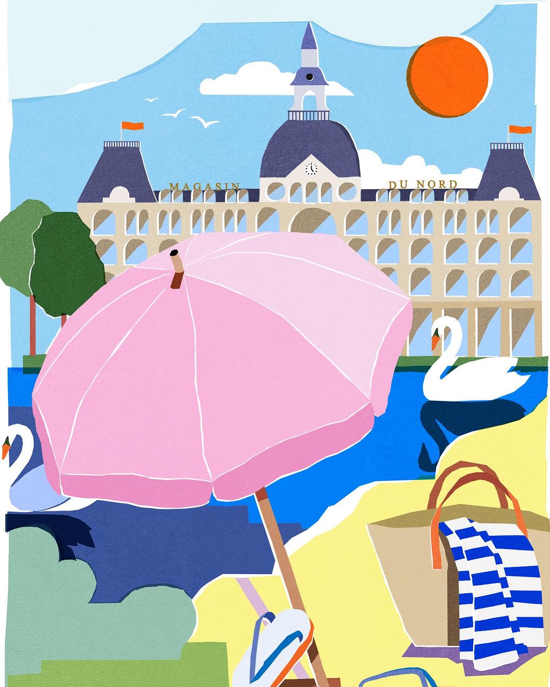 Illustration of a pink umbrella on a sandy beach near water and a building, rendered in a flat, colorful, cartoon style.