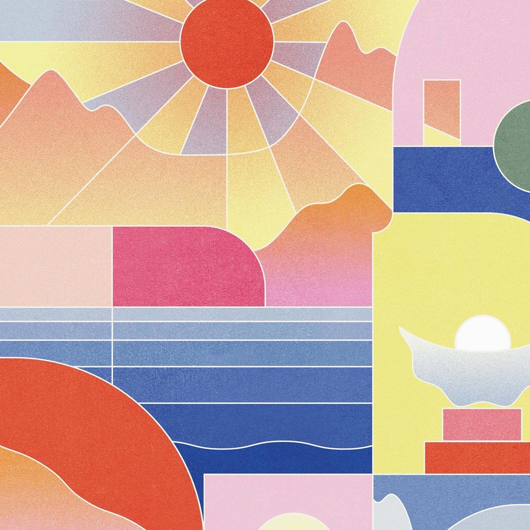 Abstract geometric landscape art with a stylized sun, mountains, and water, in pastel and orange hues, creating a serene scene.