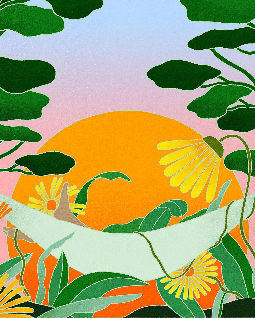 An illustration shows a person relaxing in a hammock surrounded by daisies with a backdrop of a gradient sunset in orange and pink.