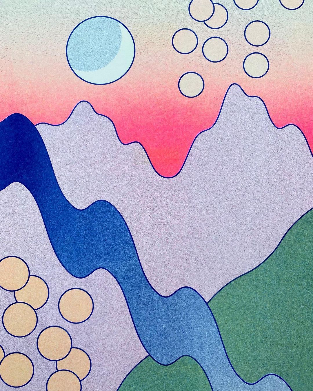 Illustration of a stylized landscape with a pastel color palette featuring mountains, a river, a moon, and floating abstract spheres.