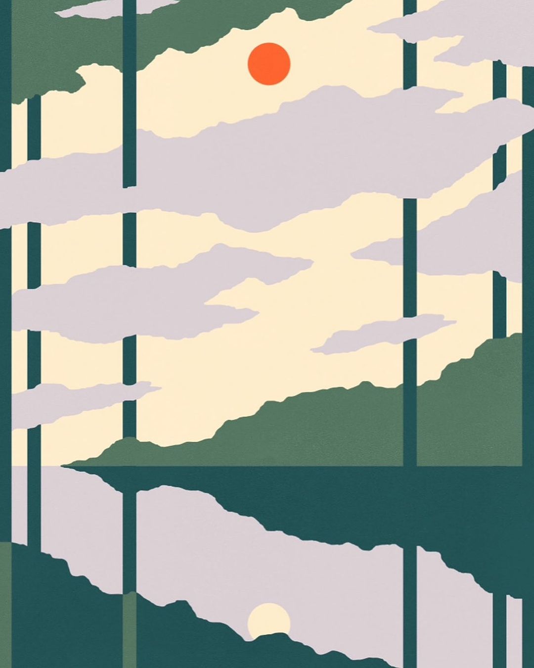 Stylized digital art showcasing a landscape with a body of water reflecting a sun or moon, mountains, sky, and stylized clouds.
