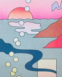 Surreal illustrated seaside landscape featuring a setting sun, rolling dunes, and abstract floating orbs in a textured pastel palette.