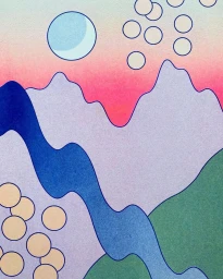 Illustrated abstract landscape with wavy coloured hills, a blue moon, and circular geometric motifs under a pink gradient sky.