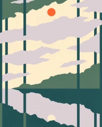 Stylized vertical digital illustration featuring layered forest hills, tall vertical tree trunks, and a bright orange sun against a pale sky.