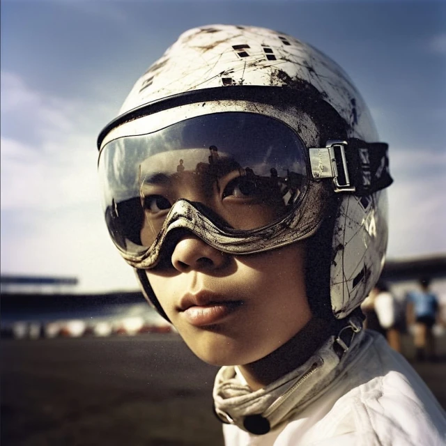 Close-up of a person in a white racing helmet and goggles, looking directly at the camera, with a blurry racetrack background.
