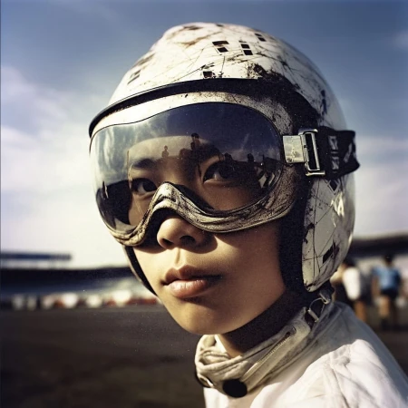 Close-up of a person in a white racing helmet and goggles, looking directly at the camera, with a blurry racetrack background.
