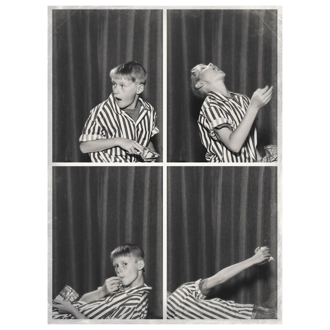 Four-panel photo of a boy in striped pajamas eating and acting surprised, against a dark curtain backdrop in a retro style.