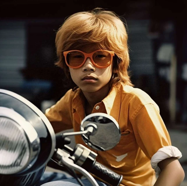 Close-up of child with reddish hair, wearing matching orange sunglasses and shirt, sitting on a vintage motorcycle.