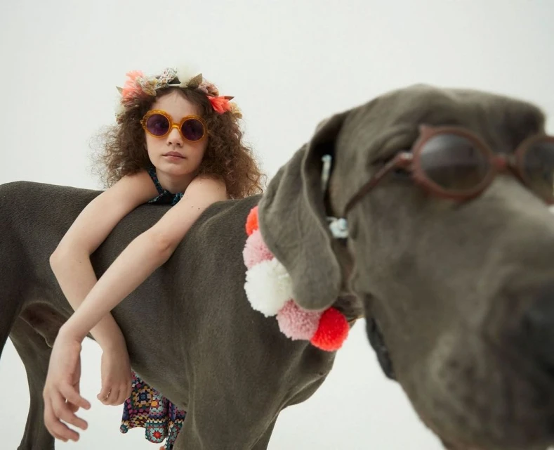A young girl wearing round sunglasses and a floral crown is posing with a Great Dane dog that also has sunglasses on.