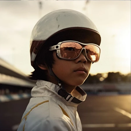 Child wearing a vintage racing helmet and mirrored sunglasses poses on the racetrack at sunset, showcasing a blend of retro and modern aesthetics.
