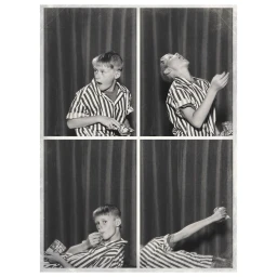 Four-panel black and white photographic sequence of a boy in a striped shirt eating snacks against a dark curtain backdrop.