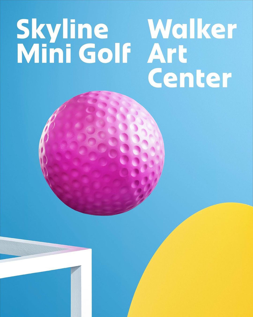 Promotional shot of a pink golf ball, a white geometric cube, and a yellow semi-circle against a blue backdrop with overlaid text.