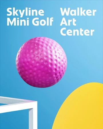 Promotional shot of a pink golf ball, a white geometric cube, and a yellow semi-circle against a blue backdrop with overlaid text.