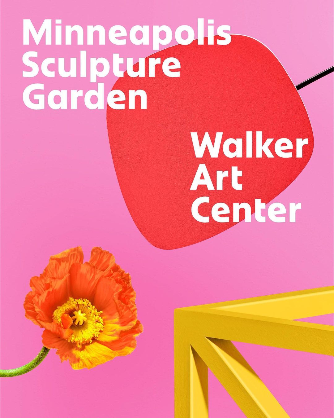 Minneapolis Sculpture Garden and Walker Art Center poster with flower and geometric shapes against a pink background.