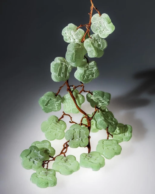 Translucent green grape vine sculpture with Chinese characters, set against a gradient grey background, studio product shot.