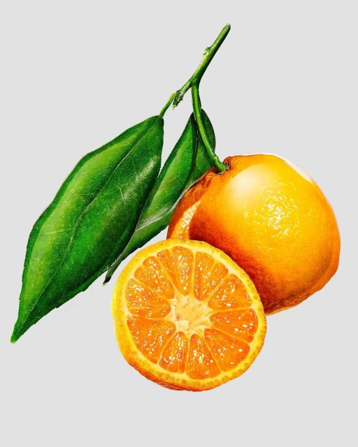 Vibrant still life showcases a whole orange, a halved orange revealing its juicy interior, and fresh green leaves against a light grey backdrop.