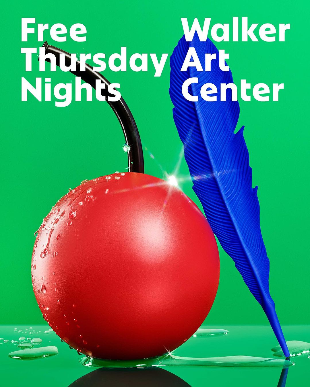 Artistic still life of a glossy red cherry sculpture with water droplets and a blue feather against a bright green background.