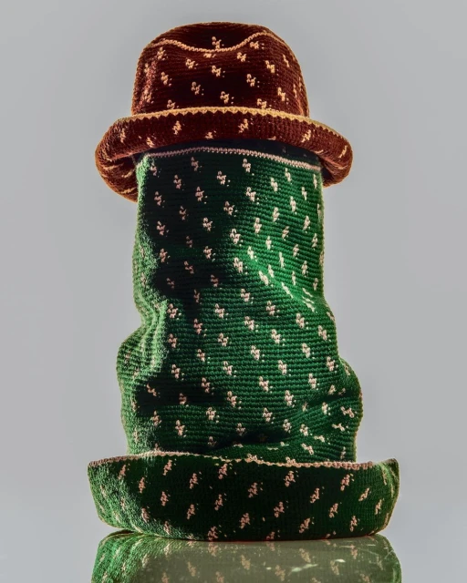 Still life of a stack of three hats, featuring a brown, patterned bowler and two green patterned hats. Set against a light gray background.