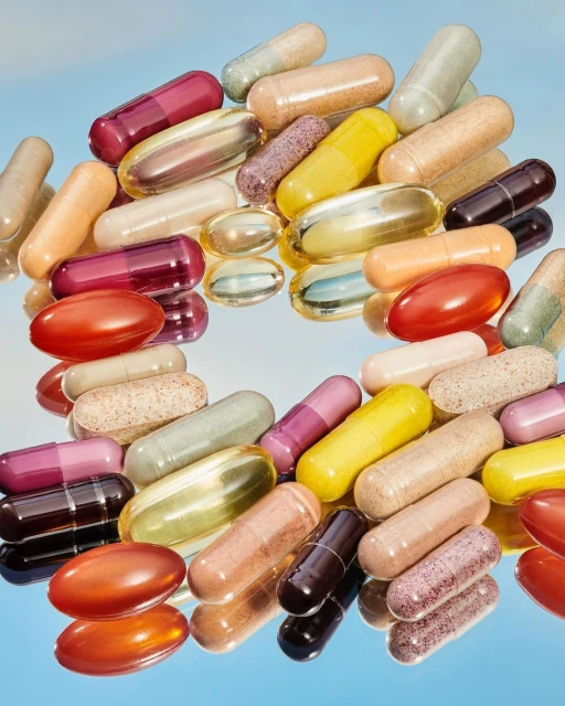 Assortment of colorful vitamin capsules and gel pills are displayed on a reflective surface against a soft blue gradient background.