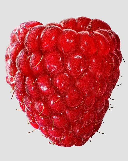 Close-up studio shot of a single, vibrant red raspberry against a light gray background, highlighting its texture and color.
