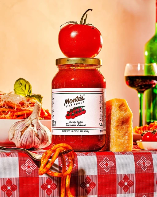 Jar of Monte's tomato sauce topped with a ripe tomato, accompanied by pasta, garlic, and a glass of red wine on a checkered tablecloth.