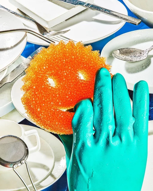 Close-up of a gloved hand holding a smiling orange sponge among plates and silverware, creating a cleaning or kitchen scene.