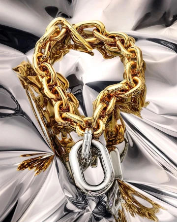 High-fashion jewelry still life: A gold-and-silver chain-link bracelet on silver-colored foil in a studio setting with soft lighting.