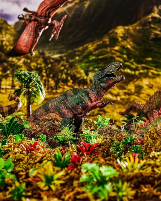 Tyrannosaurus Rex toy dominates the foreground of a prehistoric diorama with a Pterodactyl and Stegosaurus, set against a mountain backdrop.