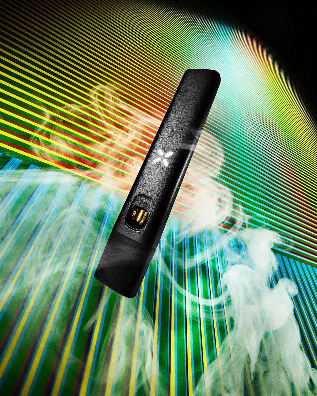 Vaporizer pen on a colorful background with smoke, product shot. Portable vaporizer for vaping. Electronic cigarette alternative.